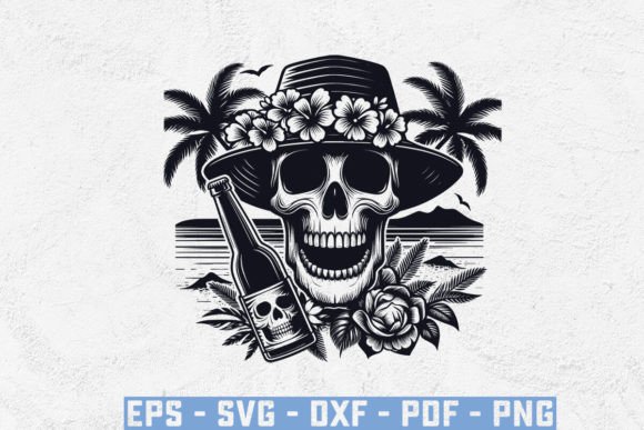 Skull Head with Beer Bootle and Beach